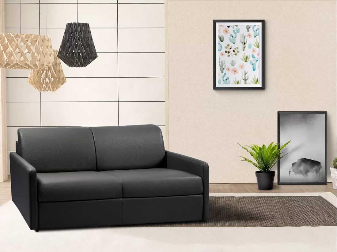 Canapé 3 places convertible express en simili noir - Couchage à lattes larges 140 cm - Matelas 14 cm CALIFE