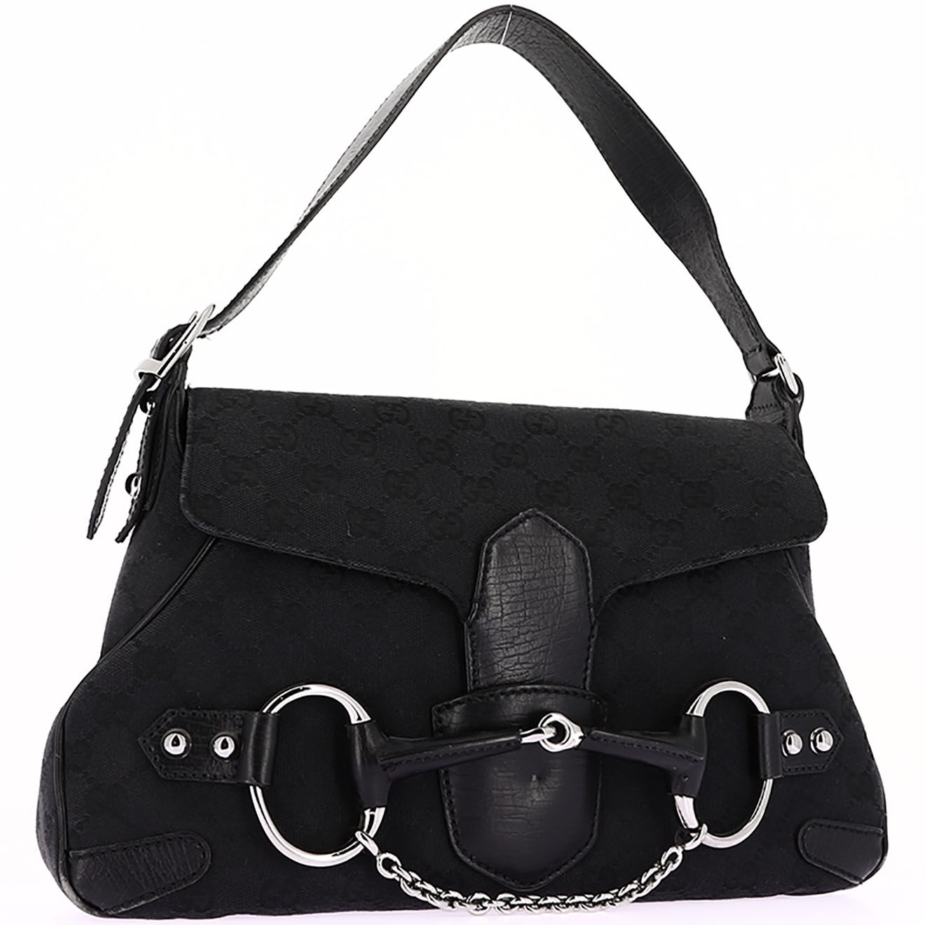 Gucci Sac porté épaule Horsebit 1955 en Toile Monogramme & Cuir noir - Très bon état - L.31 cm