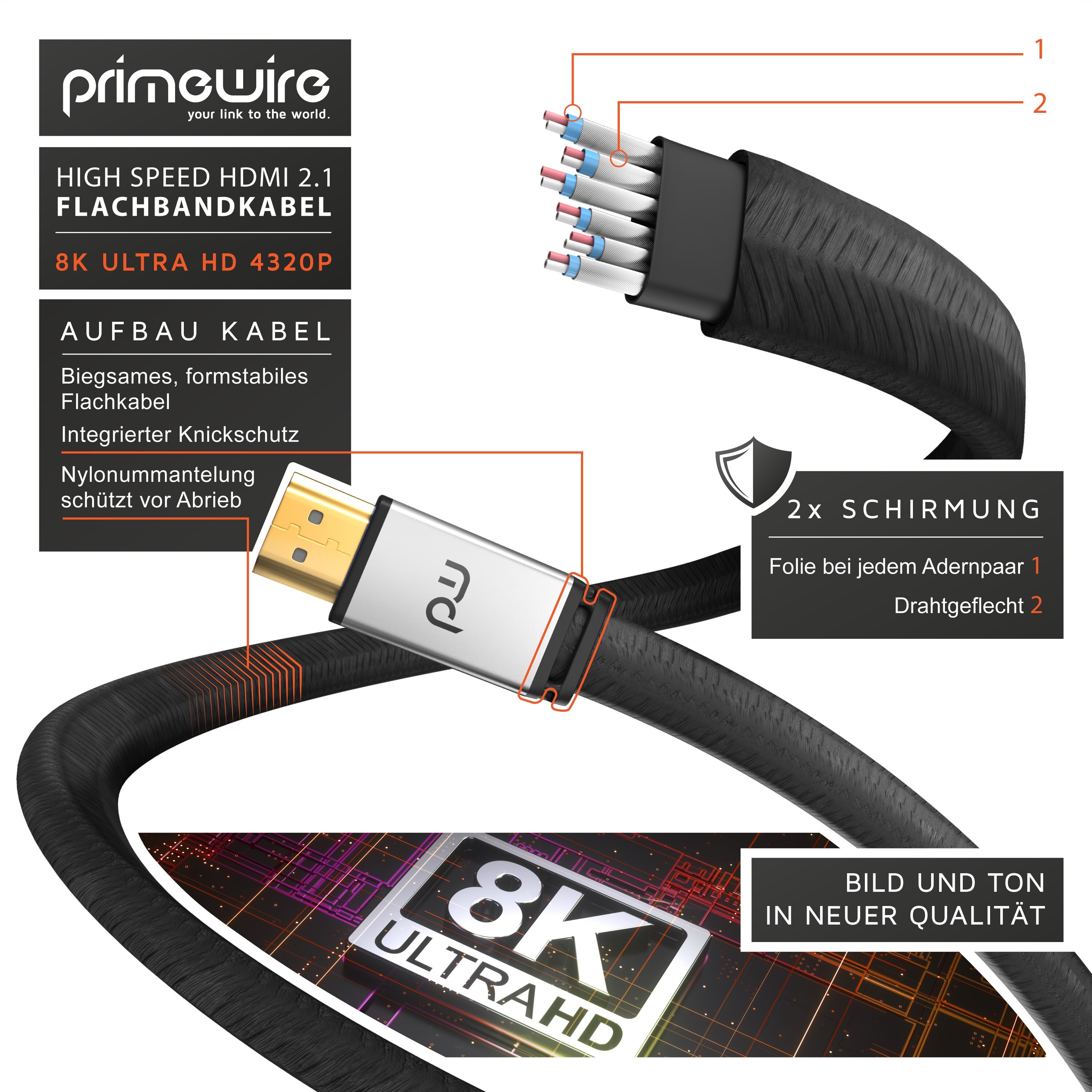 Primewire 8K High Speed HDMI Kabel 2.1 - Flachbandkabel mit Gewebemantel 7680 x 4320 @ 120 Hz mit DSC - 1m