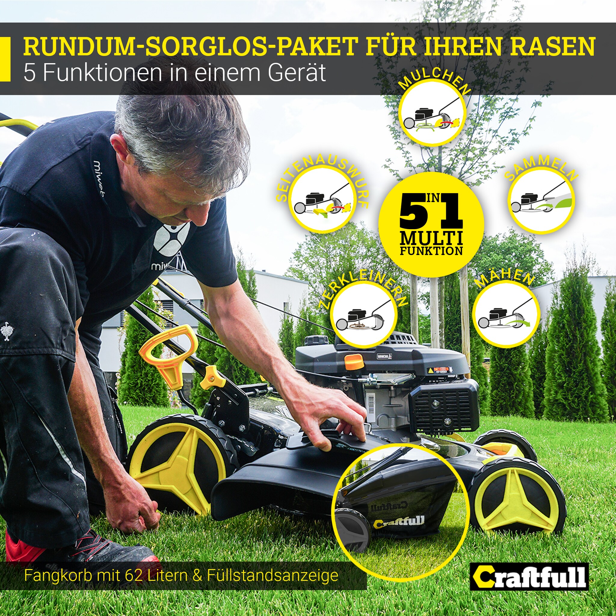 Craftfull Premium Benzin-Rasenmäher CR-196-10, 5in1, GT-Markengetriebe, 196cc-Motor, 4,4 kW, Euro 5 (Schwarz/Gelb)