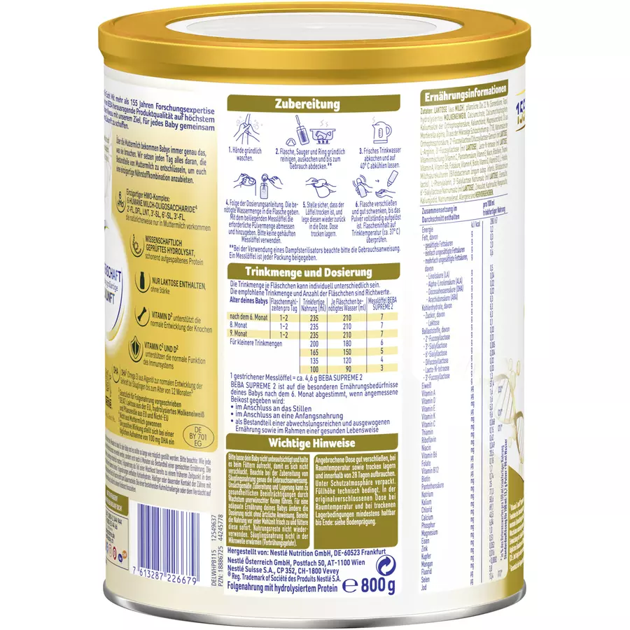 Nestlé BEBA SUPREME 2 Folgemilch 800g nach dem 6. Monat