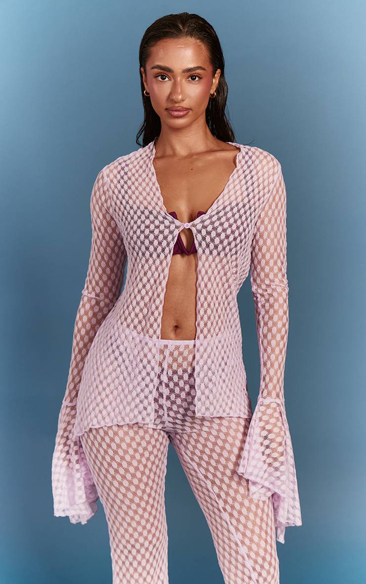 Lilas Chemise De Plage Texturée Transparente À Manches Évasées