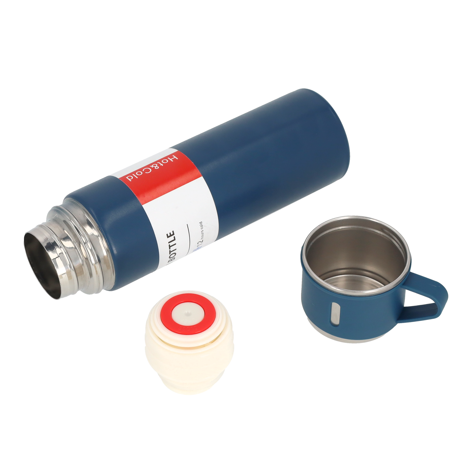 (4-tlg. Set) 500ml Edelstahl Thermo Trinkflasche Doppelwandige Camping Iso Kanne inkl. 3 Becher - Blau