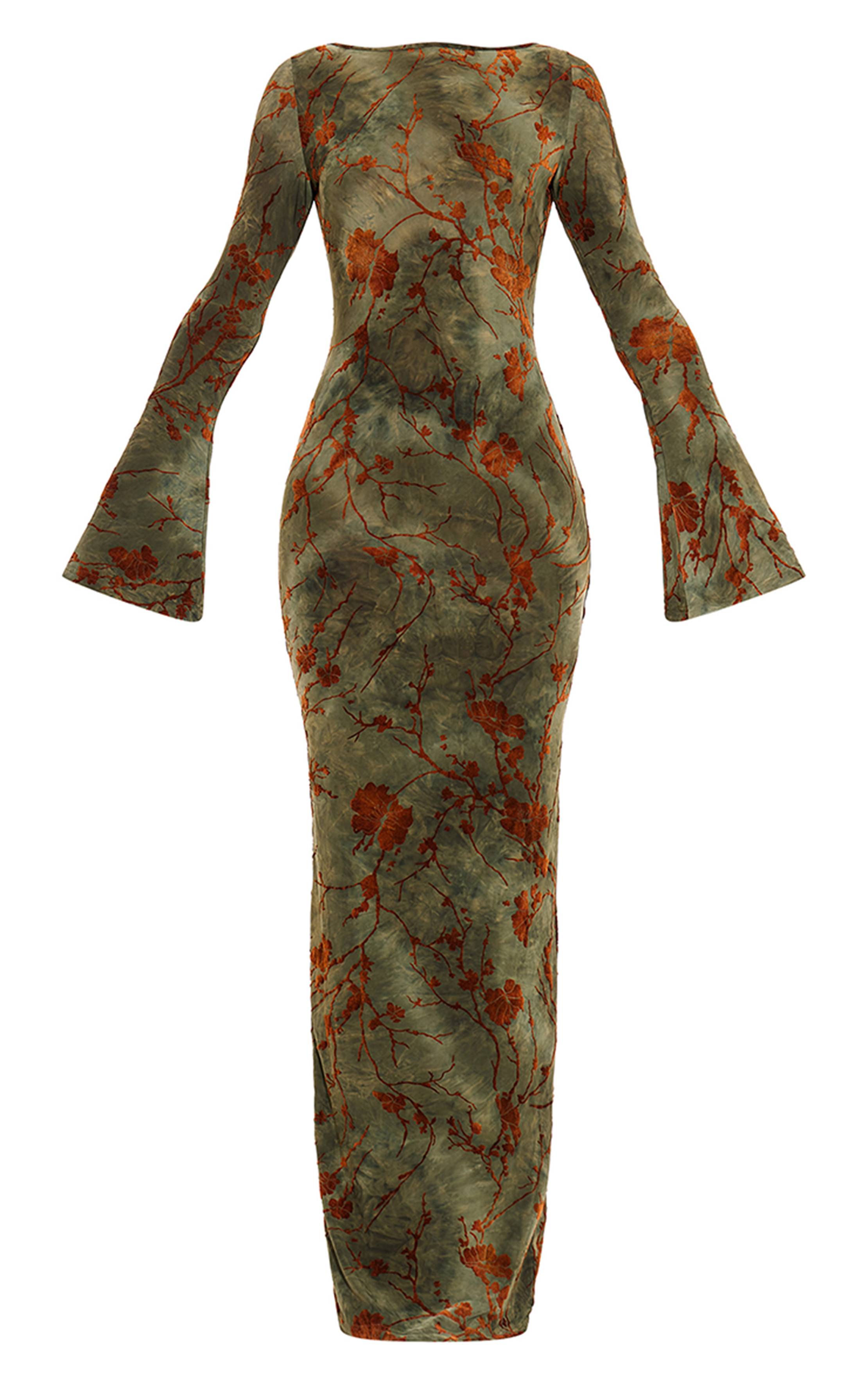 Vert Robe Longue Maxi À Manches Longues En Dévoré Fleuri