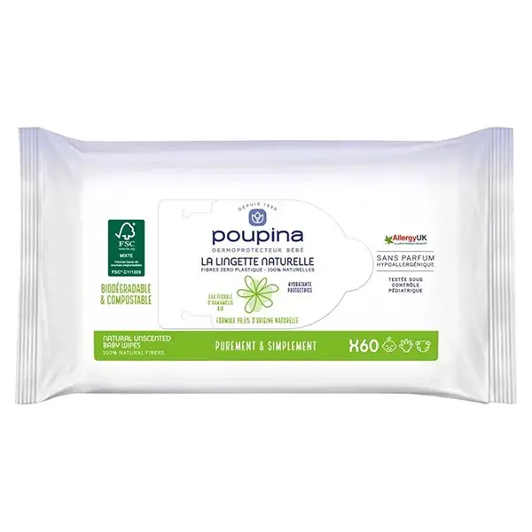 Lenços umedecidos naturais Poupina Baby Care, 60 unidades