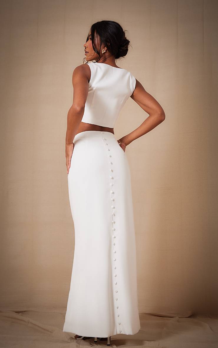 Blanc Jupe Longue Co-ord Tissée Premium Avec Détail Boutonné