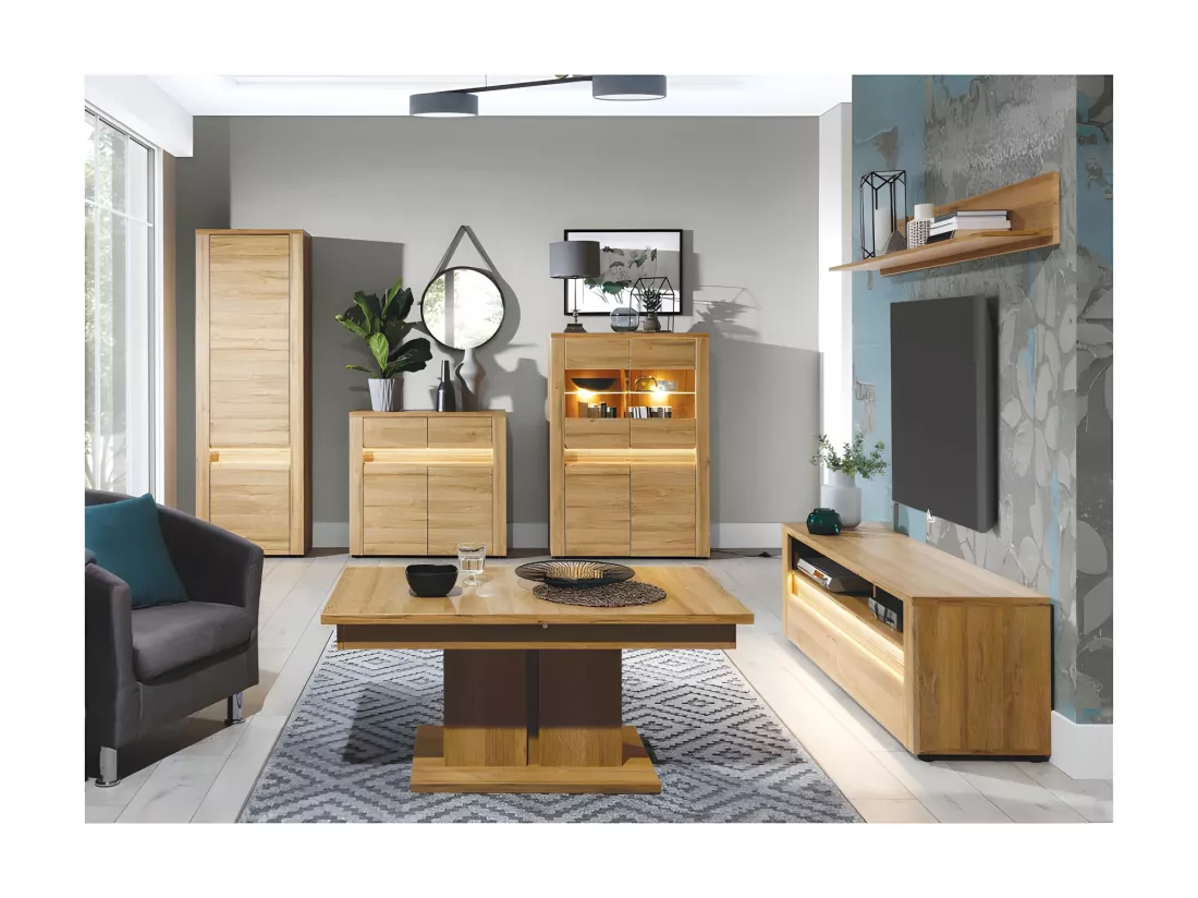 Armoire de salon 2 portes battantes Chêne à LED - BIELSKO - L 63 x l 40 x H 192,2 cm