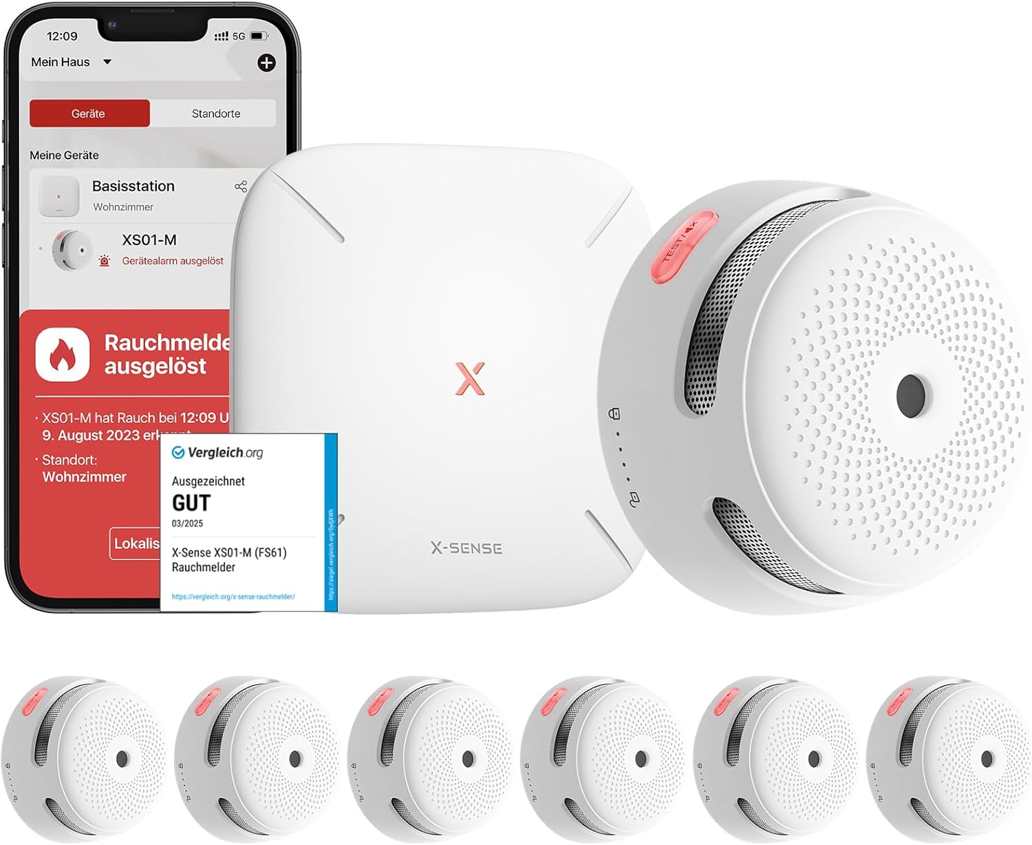X-Sense Smart Rauchmelder XS01-M mit SBS50 Basisstation, Zertifiziert nach EN 14604, vernetzbare Funkrauchmelder mit WLAN, kompatibel mit der X-Sense Home Security App, weiß, FS61, 6 Stück