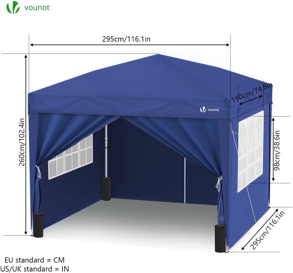 VOUNOT® Pavillon 3x3m mit 4 Seitenteilen & 4 Sandsäcke, Pop Up Faltpavillon, Faltbar Gartenzelt Partyzelt, inkl. Tasche, Blau