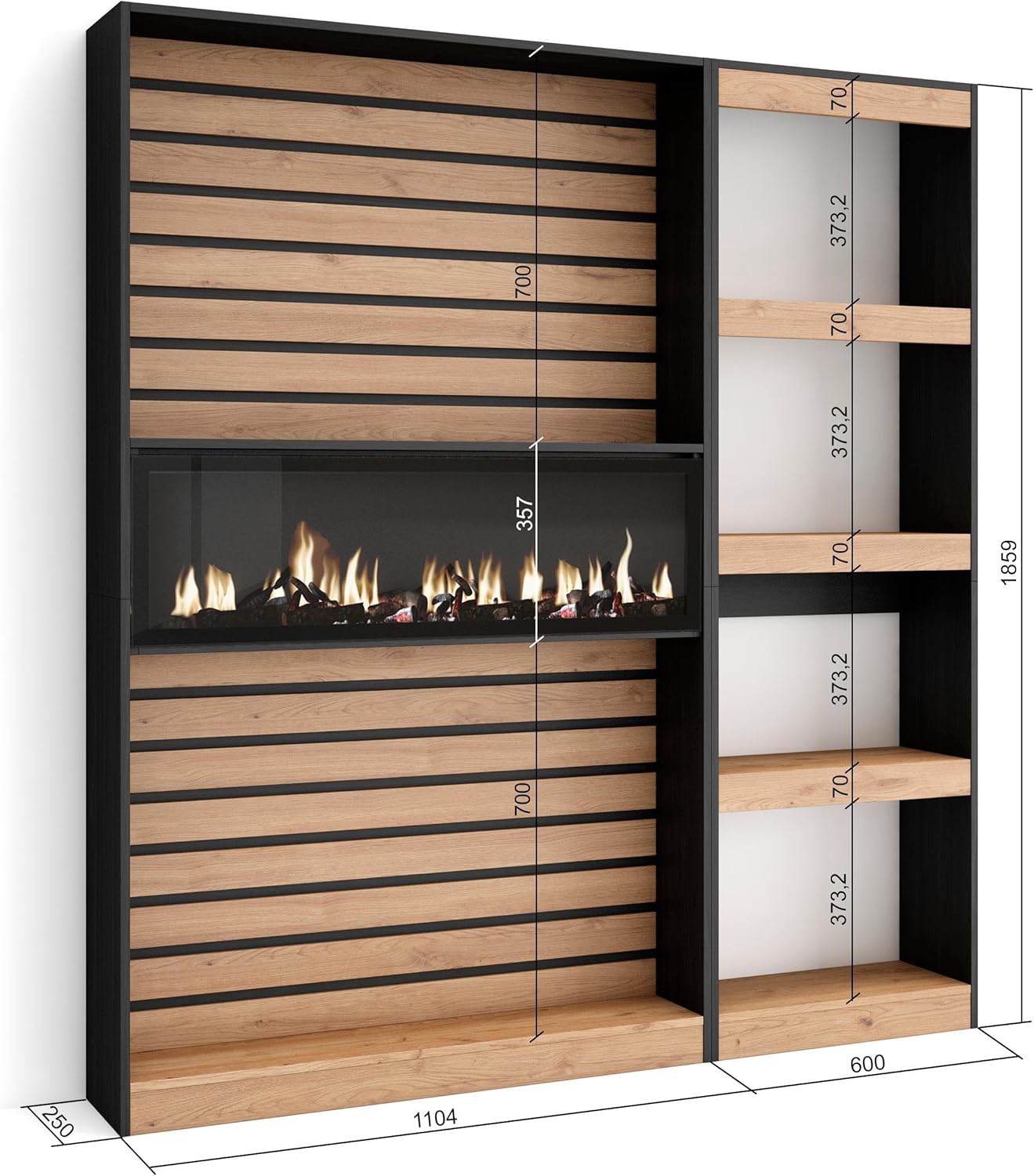 Skraut Home | Bücherregal Bibliothek | Bookshelf, Bookcase | 170x186x25cm | Wohnzimmer, Esszimmer, Büro | Elektrokamin. Maße | Moderner Stil | Eiche Schwarz
