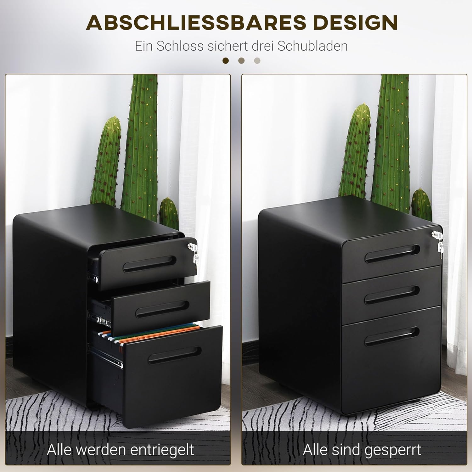 Vinsetto Rollcontainer mit 3 Schubladen mobiler Aktenschrank mit Rollen abschließbar Büroschrank mit Hängeregistratur Stiftfach, Bürocontainer Schreibtisch Unterschrank für Büro 39x48x59cm Schwarz PG2164341