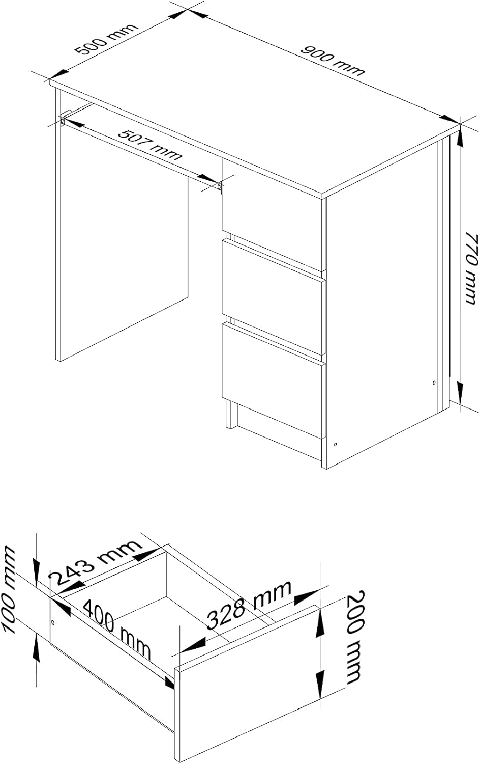 AKORD Schreibtisch A6 90 cm | 3 Schubladen Rechts | Schreibtisch | Bürotisch | Computertisch | Arbeitstisch | Laptoptisch | Bürmöbel | B90 x H77 x T50 cm | Gewicht 29,95 kg | Sonoma Eiche/Weiß