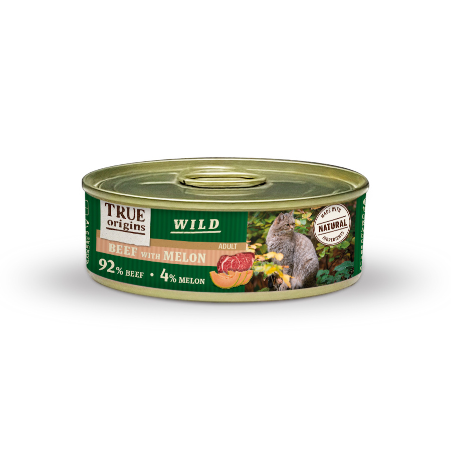 Ração True Origins Wild Adult sabor Carne e Melão, 85g, para gatos.