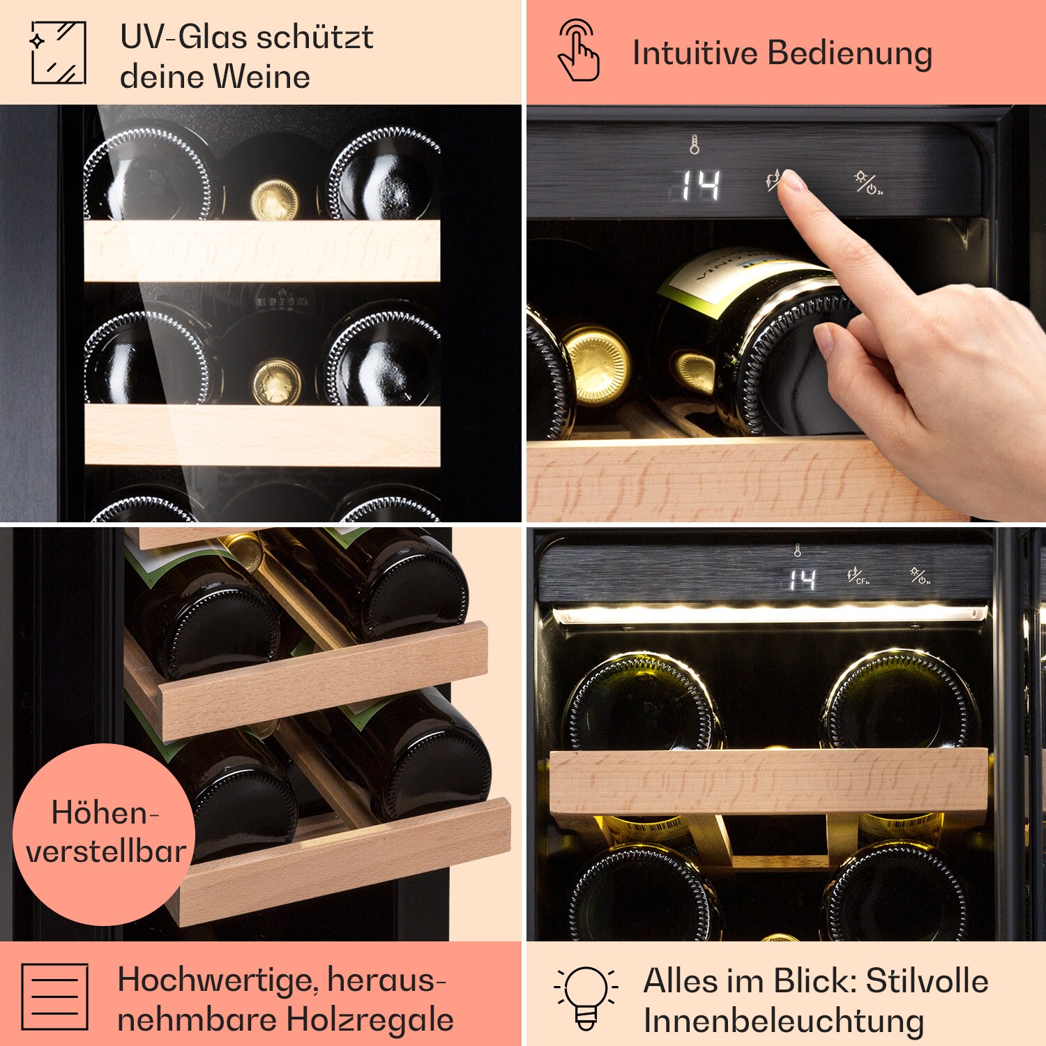 Vinovilla 20 Built-In Weinkühlschrank 50l / 20 Flaschen Glastür Edelstahl Schwarz 50 Liter / 20 Flaschen