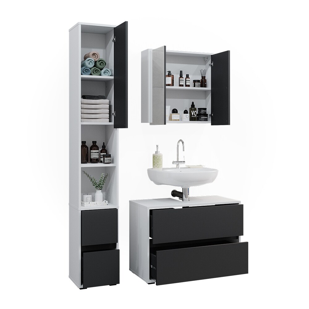 Badmöbel-Set Maltin Weiß Anthrazit modern Waschtischunterschrank Spiegelschrank Hochschrank