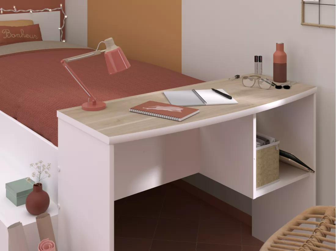 Lit combiné 90 x 190/200 cm avec bureau et rangements - Blanc et naturel - JOCHIANE