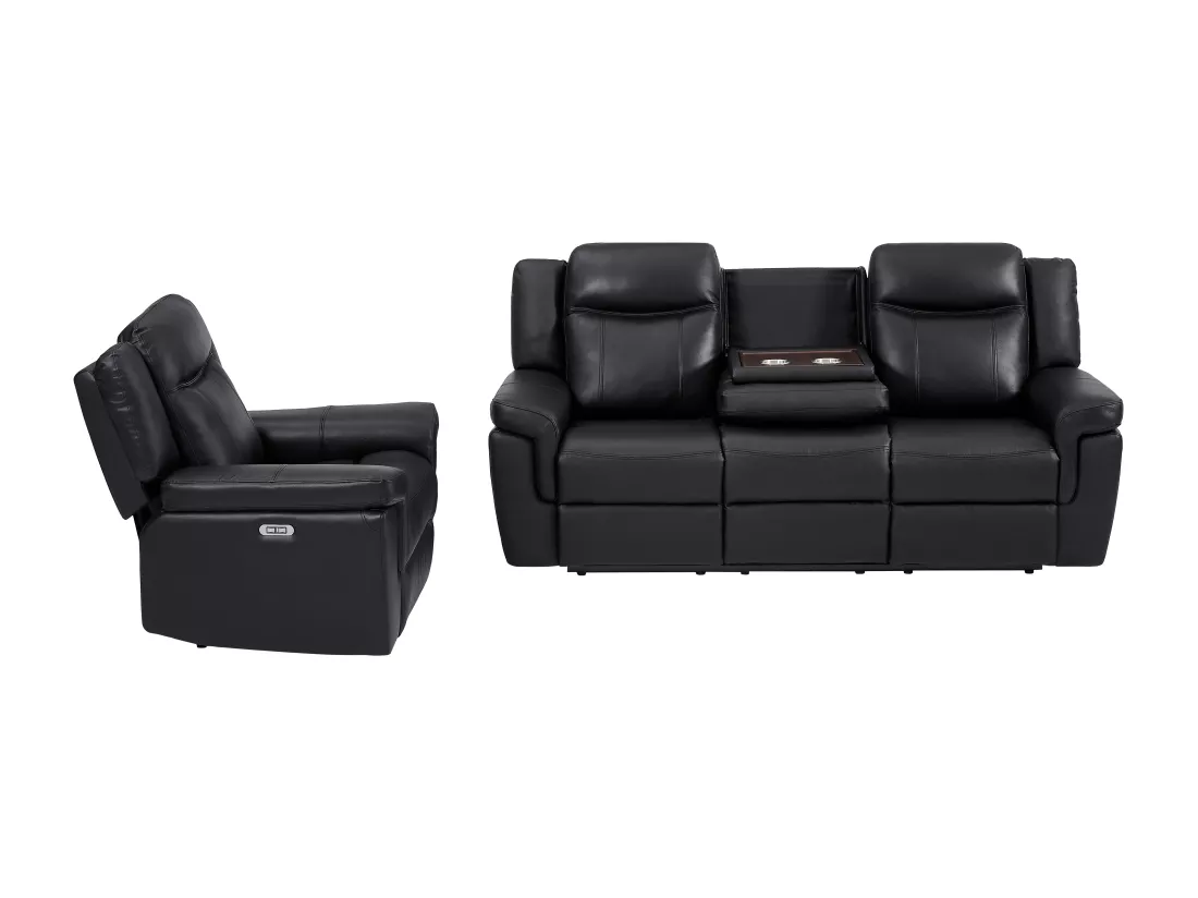 Canapé 3 places et un fauteuil relax électrique en cuir KENNETH - Noir