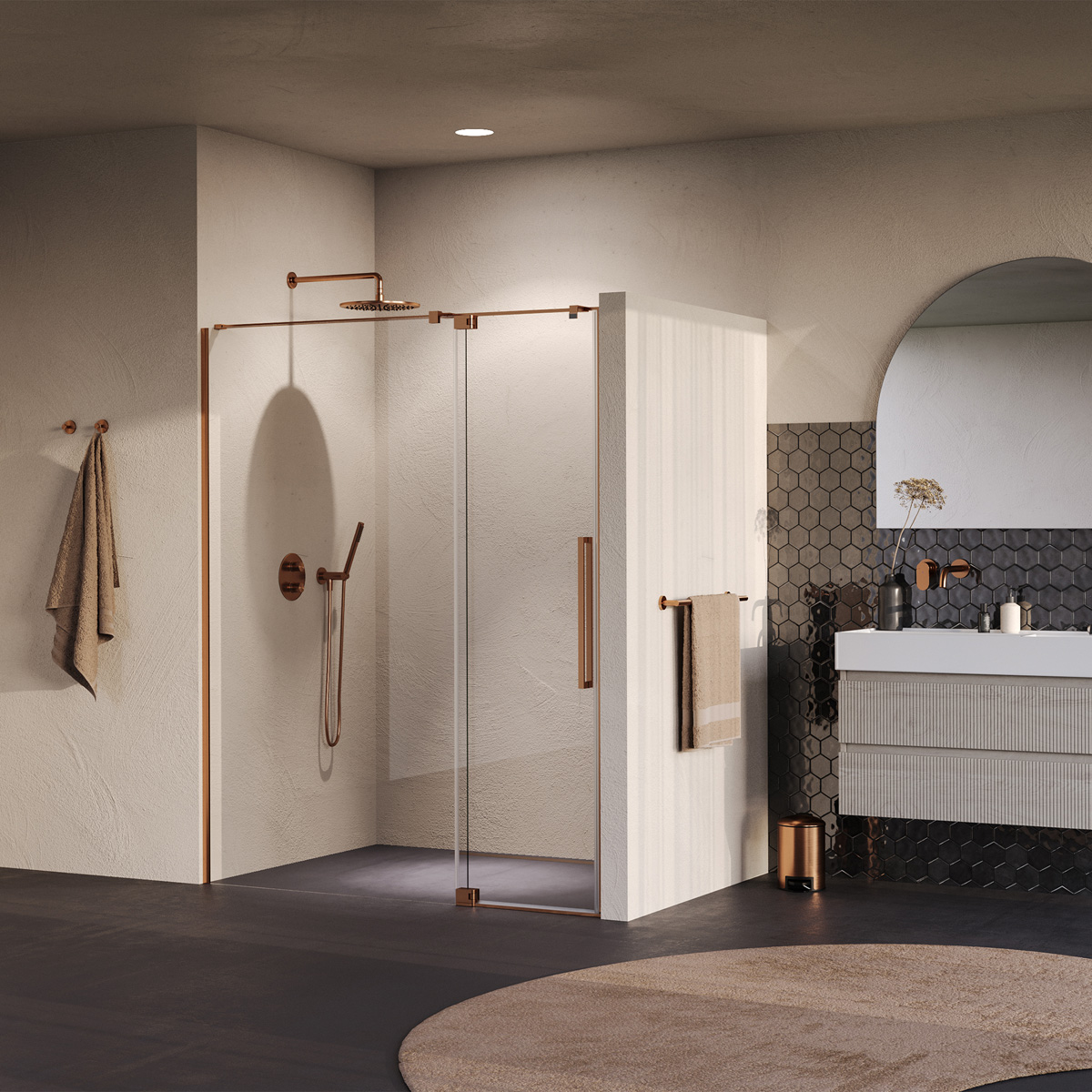 Brauer Stellar nisdeur met vaste wand 128.5-140cm koper geborsteld PVD