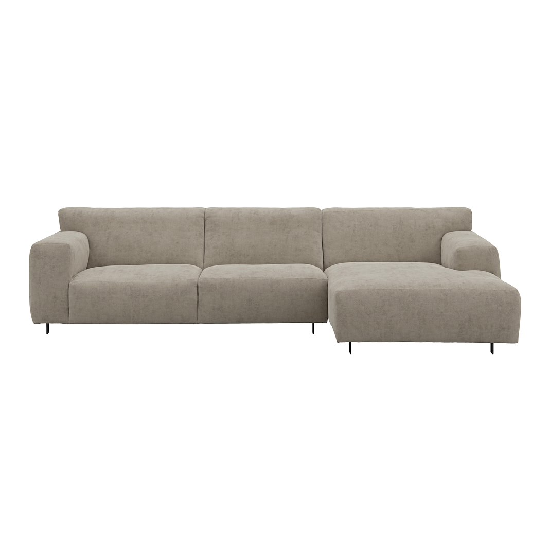 Vesta 2,5-seter med sjeselong høyre I Tekstil Eros Stone, standardsøm, sort metallben 10 cm, Comfort CM
