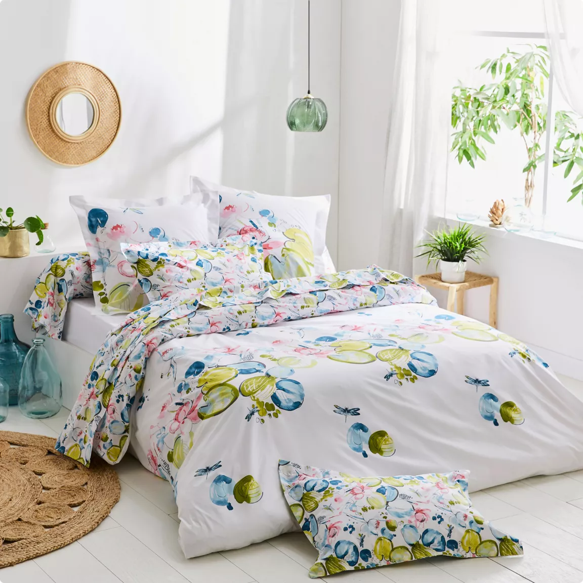 Housse de couette percale de coton (200 x 200 cm) Nénuphar Aqua Multicolore