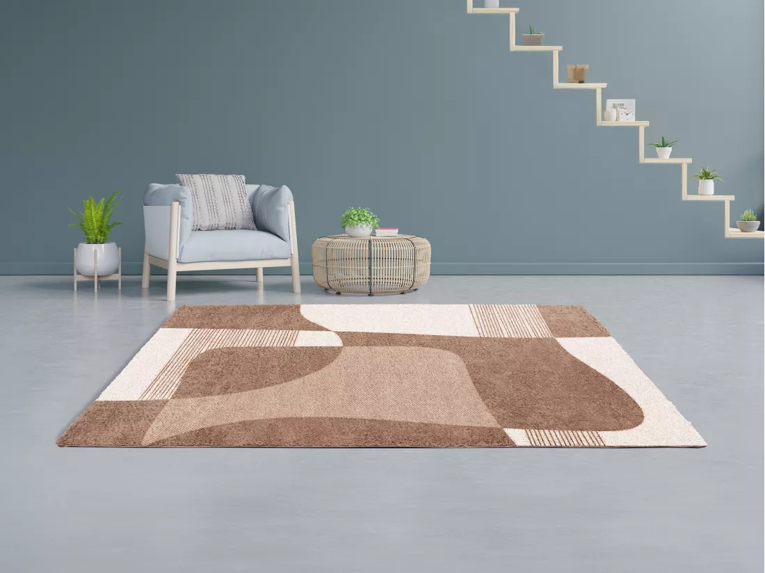 Tapis shaggy à motifs abstraits- 160 x 230 cm - Blanc et Marron - RUMINIA