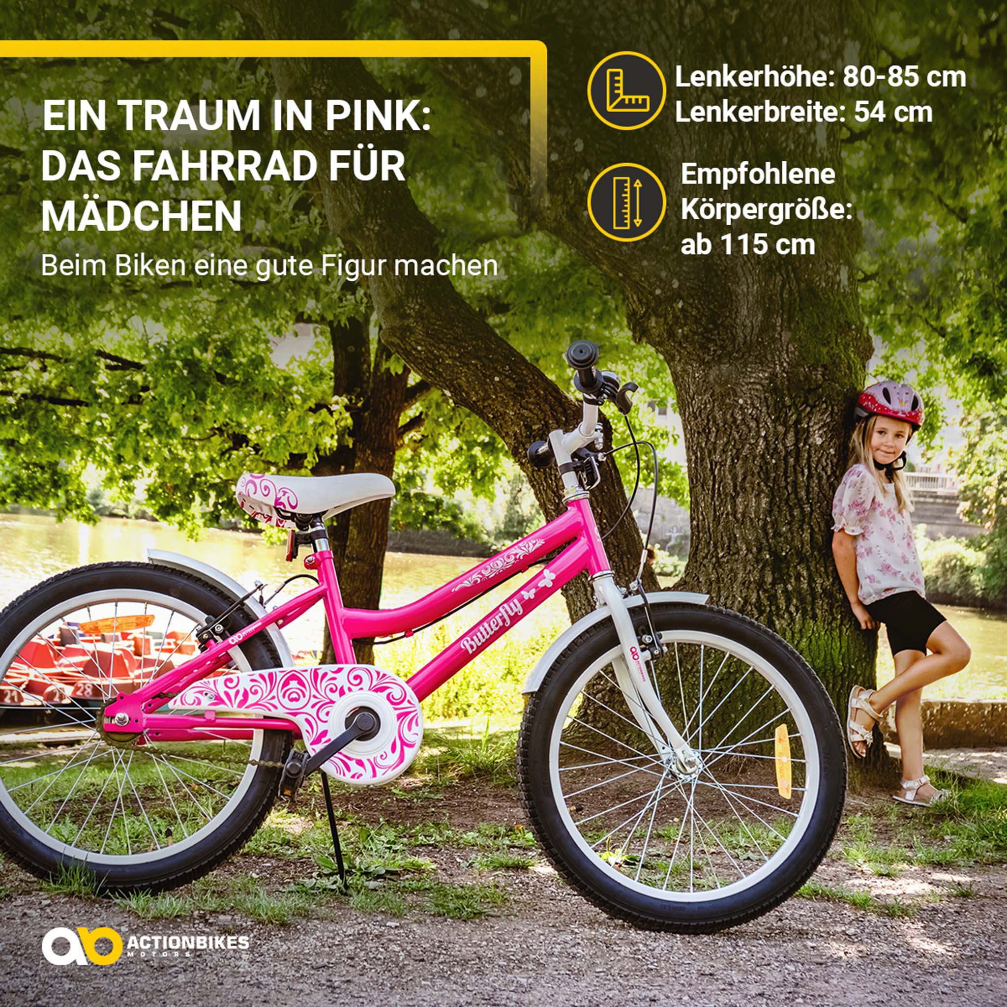 Actionbikes Kinderfahrrad Butterfly 20 Zoll, Pink, Fahrradständer, Kettenschutz, Antirutschgriffe (Weiß/Pink)
