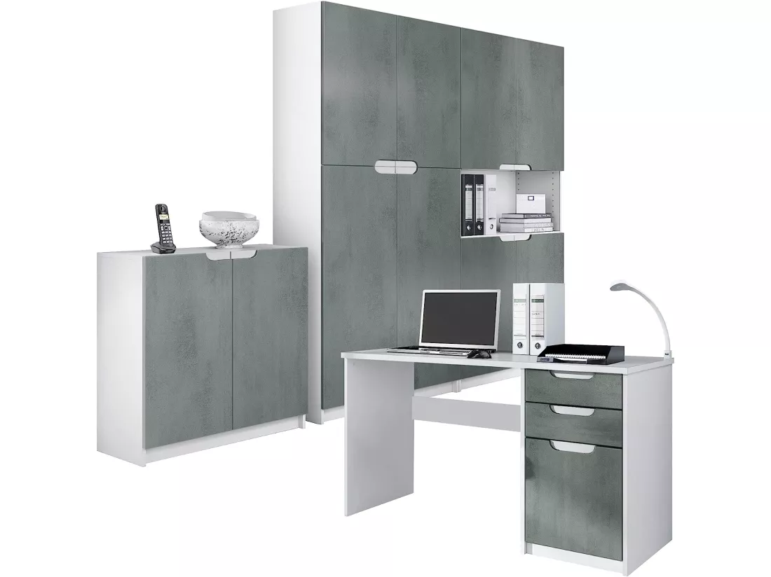 Ensemble de Meubles de Bureau Corps en Blanc Mat et Façades en Aspect Béton foncé