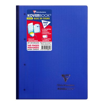 Clairefontaine Koverbook - Bloc de cours agrafé A4+ - 160 pages détachables perforées - grands carreaux (Seyes) - disponible dans différentes couleurs