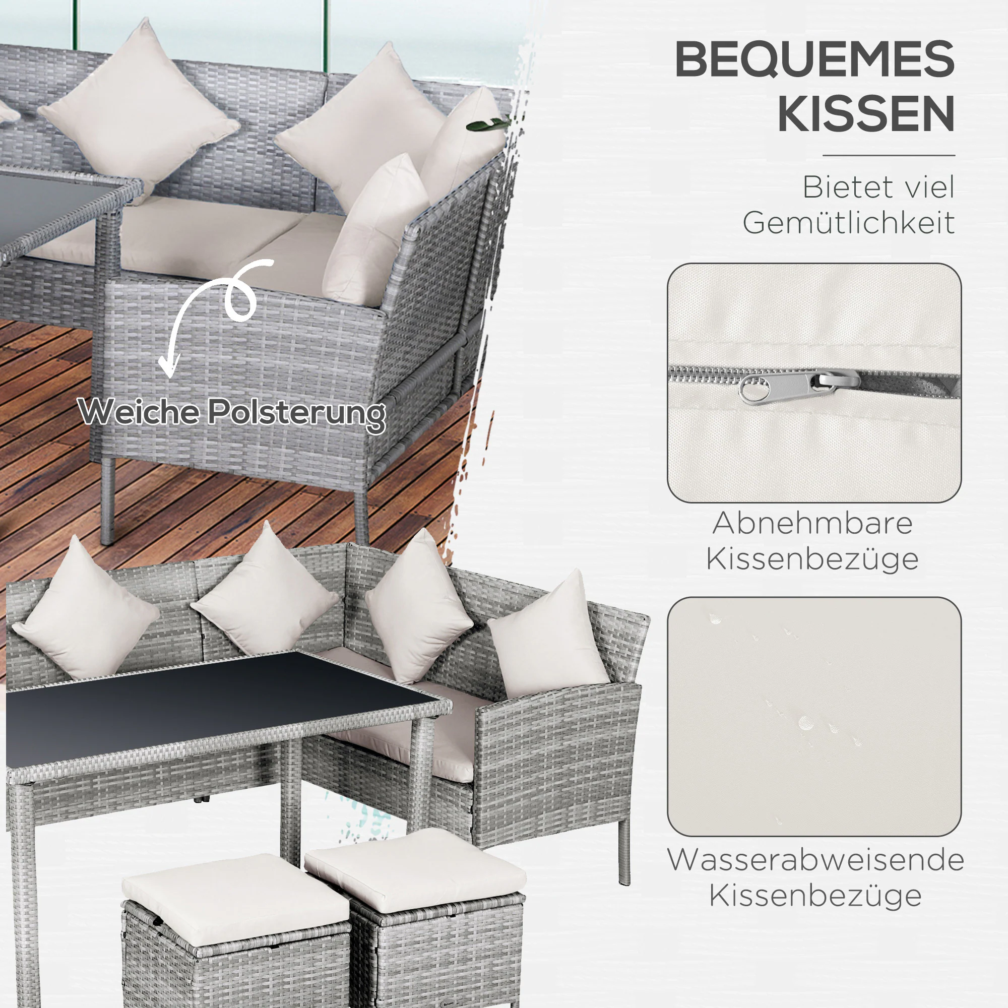 Outsunny Rattan Sitzgruppe mit Tisch grau, cremeweiß