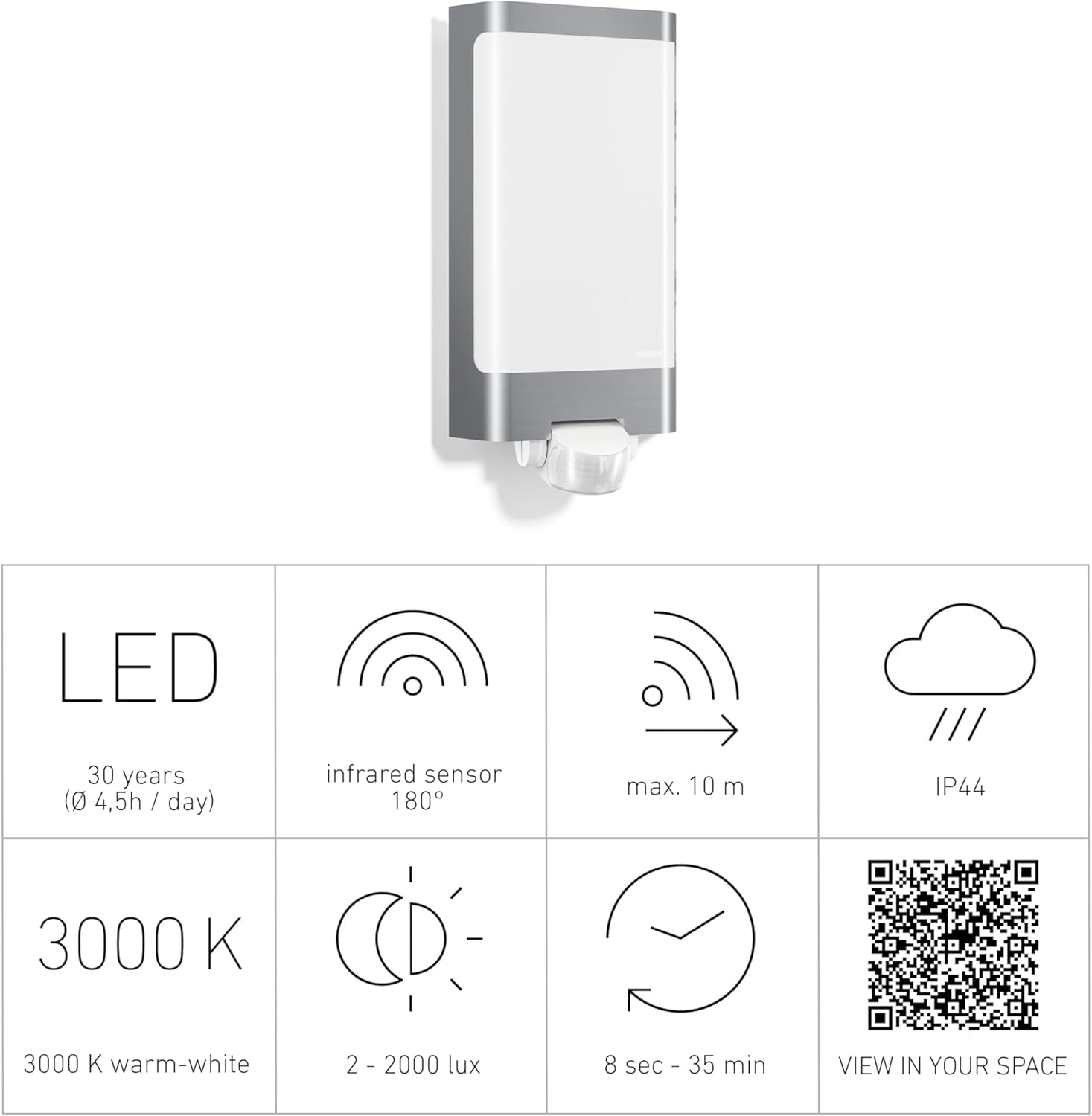 Steinel LED Außenleuchte L 240 S Edelstahl, 9.3 W LED Wandlampe, warm-weiß, 180° Bewegungsmelder, 10 m Reichweite, 8.1 x 16.5 x 30.5 cm
