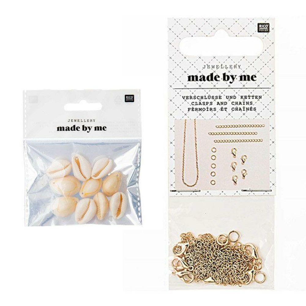 10 perles coquillages naturels + fermoirs épais et chaînes dorés