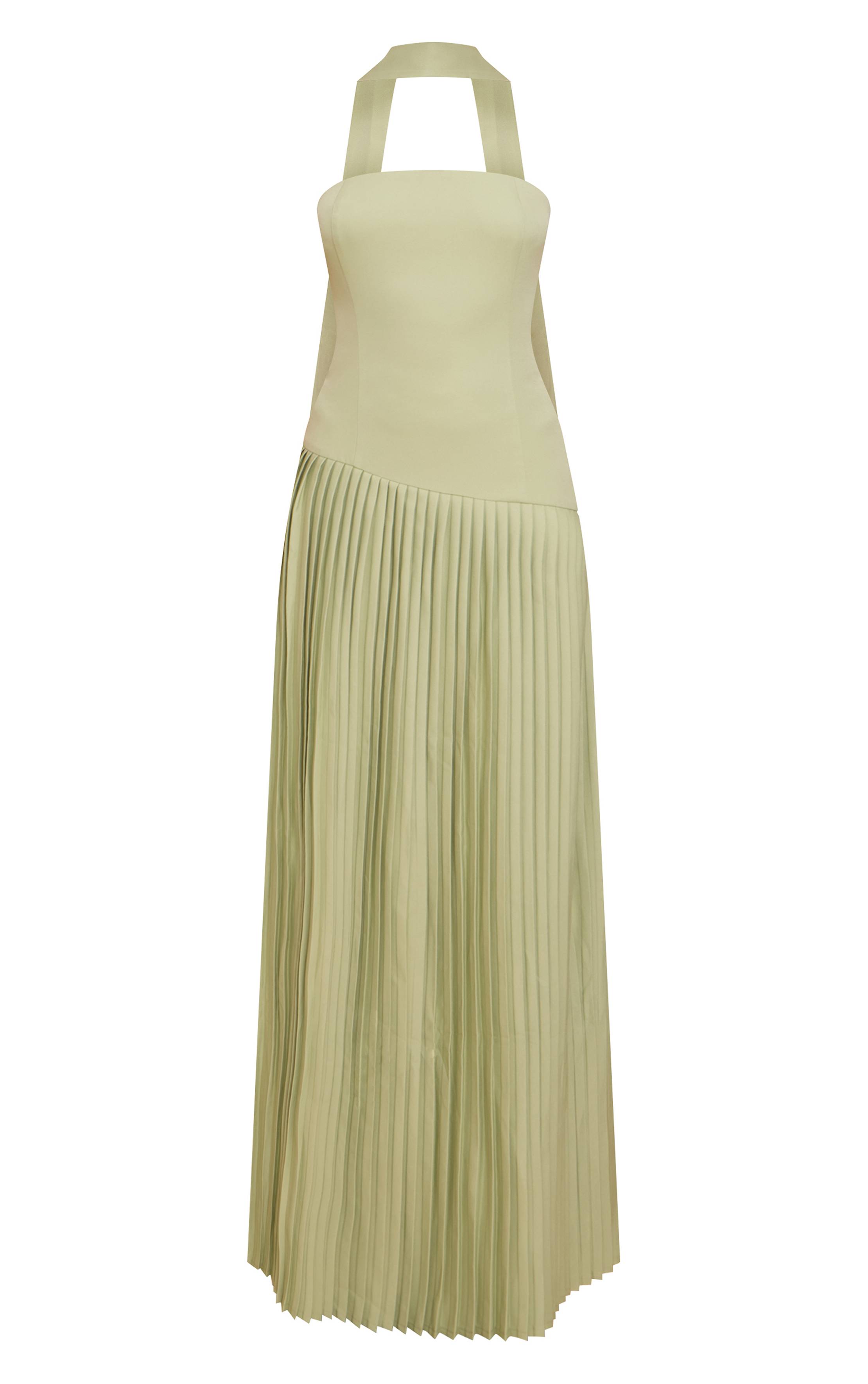 Vert Sauge Robe Maxi Plissée Asymétrique En Tissu Tissé