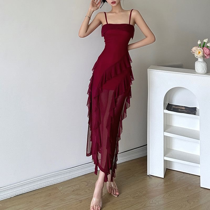 Sugarcoat - Spaghettibandjes, effen, geplooide mesh maxi-jurk met split