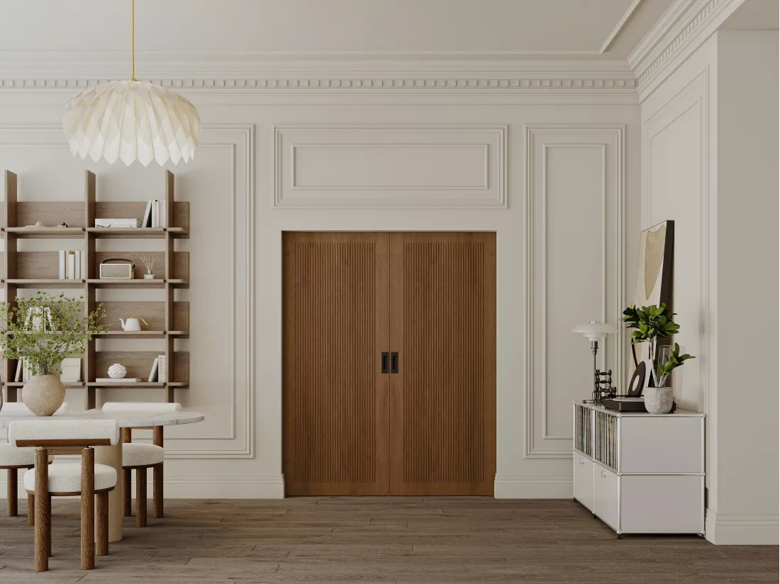 Porte coulissante double avec système à galandage en MDF et bois - naturel foncé - 2 x H205 x L93 cm - SANDORA