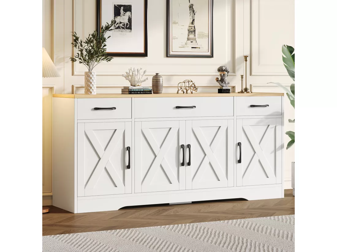 Buffet moderne avec 4 portes et 3 tiroirs - 160 x 37 x 75 cm - Bois MDF - Etagères réglables - Blanc et bois