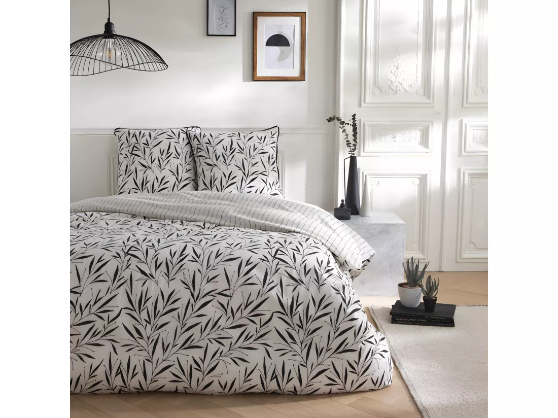 Parure de lit 2 personnes en coton 57 fils imprimé blanc 240x220cm
