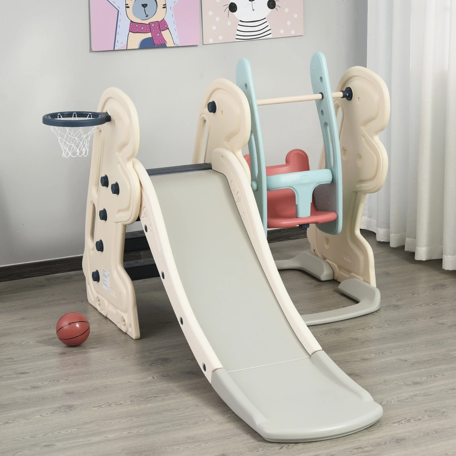 HOMCOM 3-in-1-Kinderrutsche mit Schaukel und Basketballkorb weiß, blau, grau