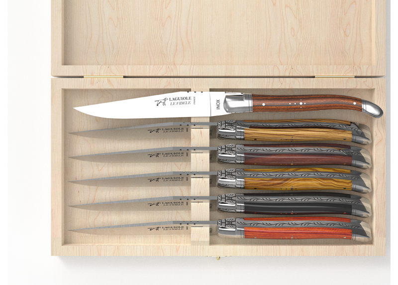 service de 6 Couteaux Laguiole avec un manche en 6 bois différents et mitres inox