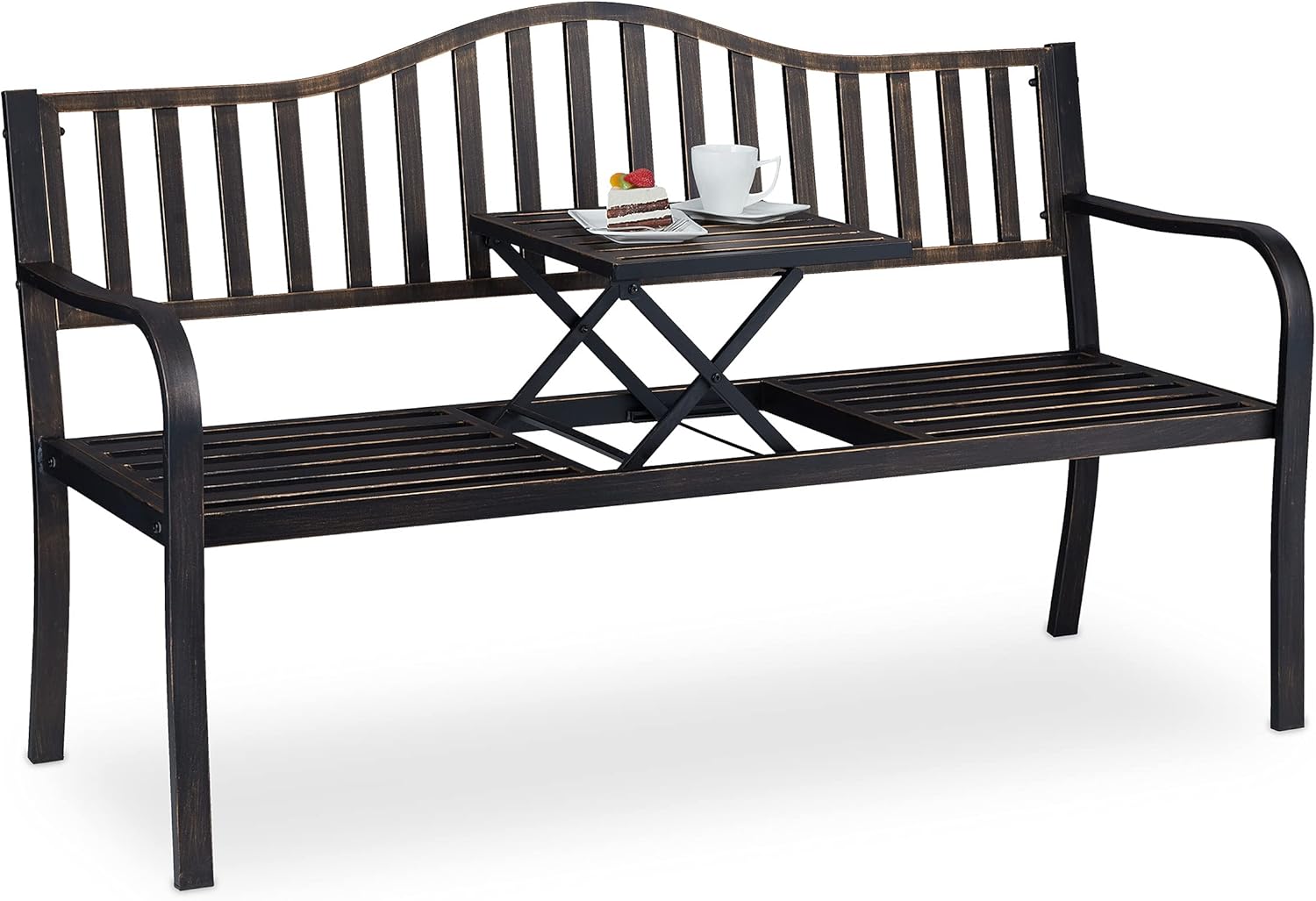 Relaxdays Gartenbank mit klappbarem Tisch, 3-Sitzer, Garten, Metall Balkonbank, HBT 89 x 150 x 58,5 cm, schwarz-Bronze