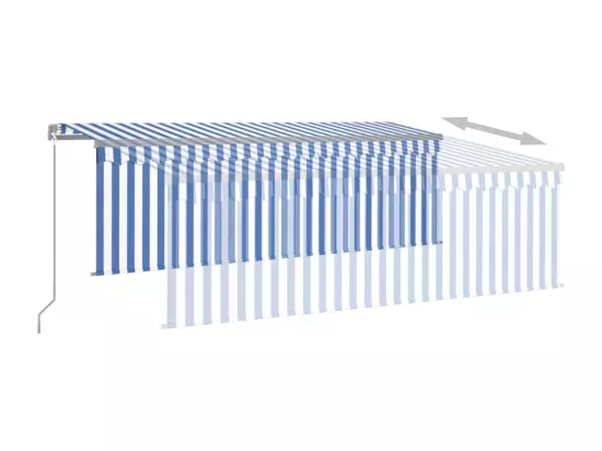 Auvent manuel rétractable avec store et LED 4x3 m Bleu et blanc
