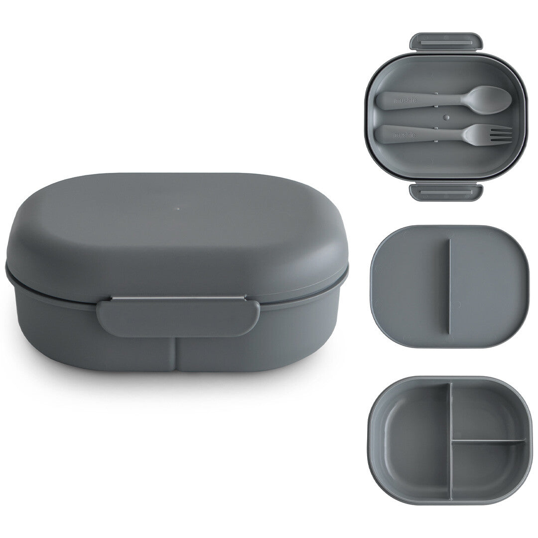 Mushie lunchbox met bestek - smoke