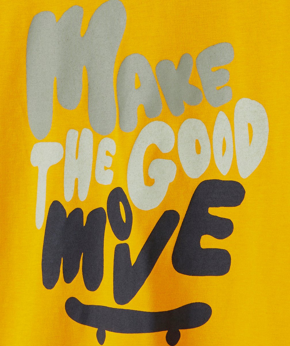T-SHIRT GARÇON EN COTON BIO JAUNE AVEC MESSAGE ET SKATE