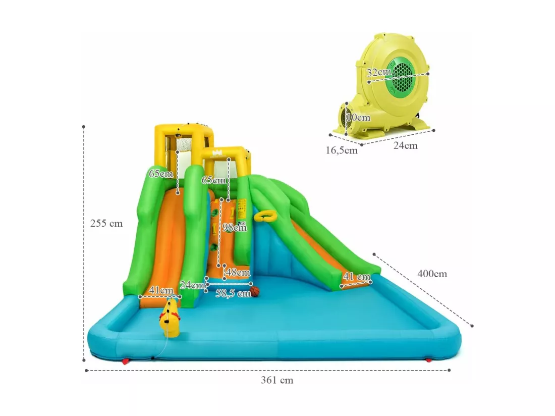5 en 1 Château Gonflable Enfants avec Toboggan Double, Parc Aquatique Gonflable avec Mur d'Escalade, Panier, Piscine, Canon à Eau, Charge 159kg pour 3 Enfants de 3-10 Ans (avec souffleur 680W)