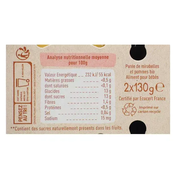 Babybio Fruits Pot Pomme Mirabelle Quetsche +4m Bio 2 x 130g