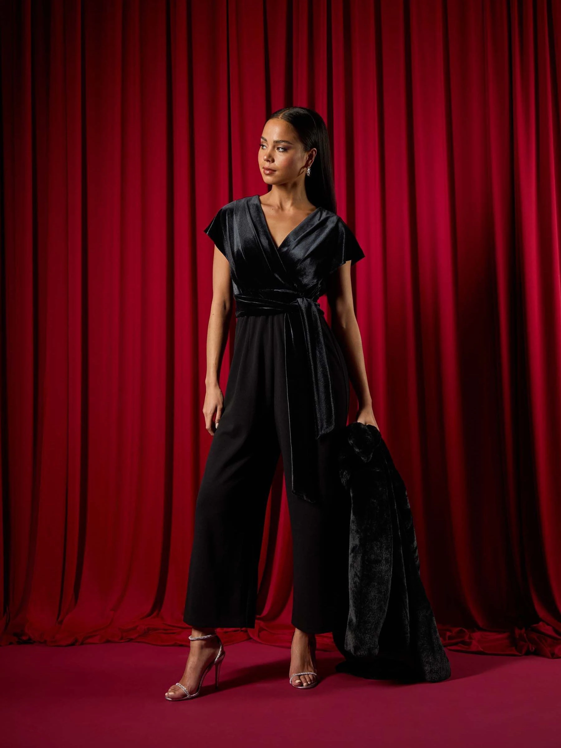 Roman Petite Velvet Contrast Jumpsuit