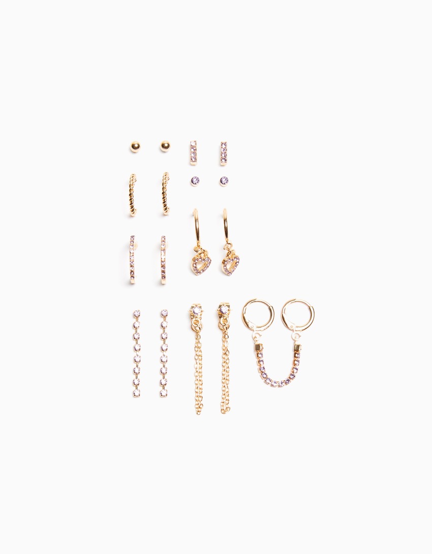 Conjunto de 9 brincos de argola com strass