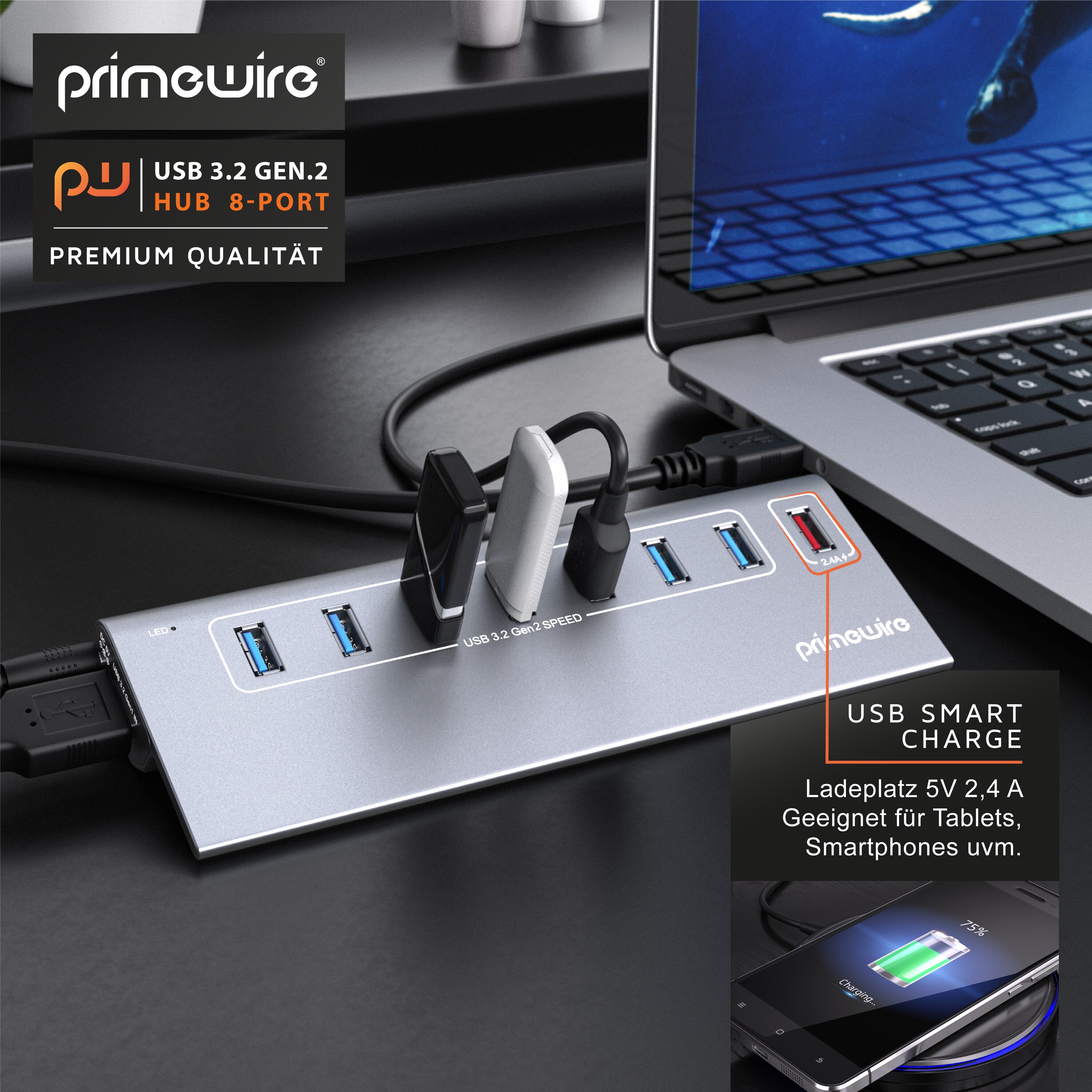 Primewire 8 Port USB 3.2 Gen.1 Port Hub - 8 x USB 3.2 Gen1, Davon 1x USB Ladeport smart Charge - 8 Port Verteiler mit Netzteil - Alugehäuse - für PC