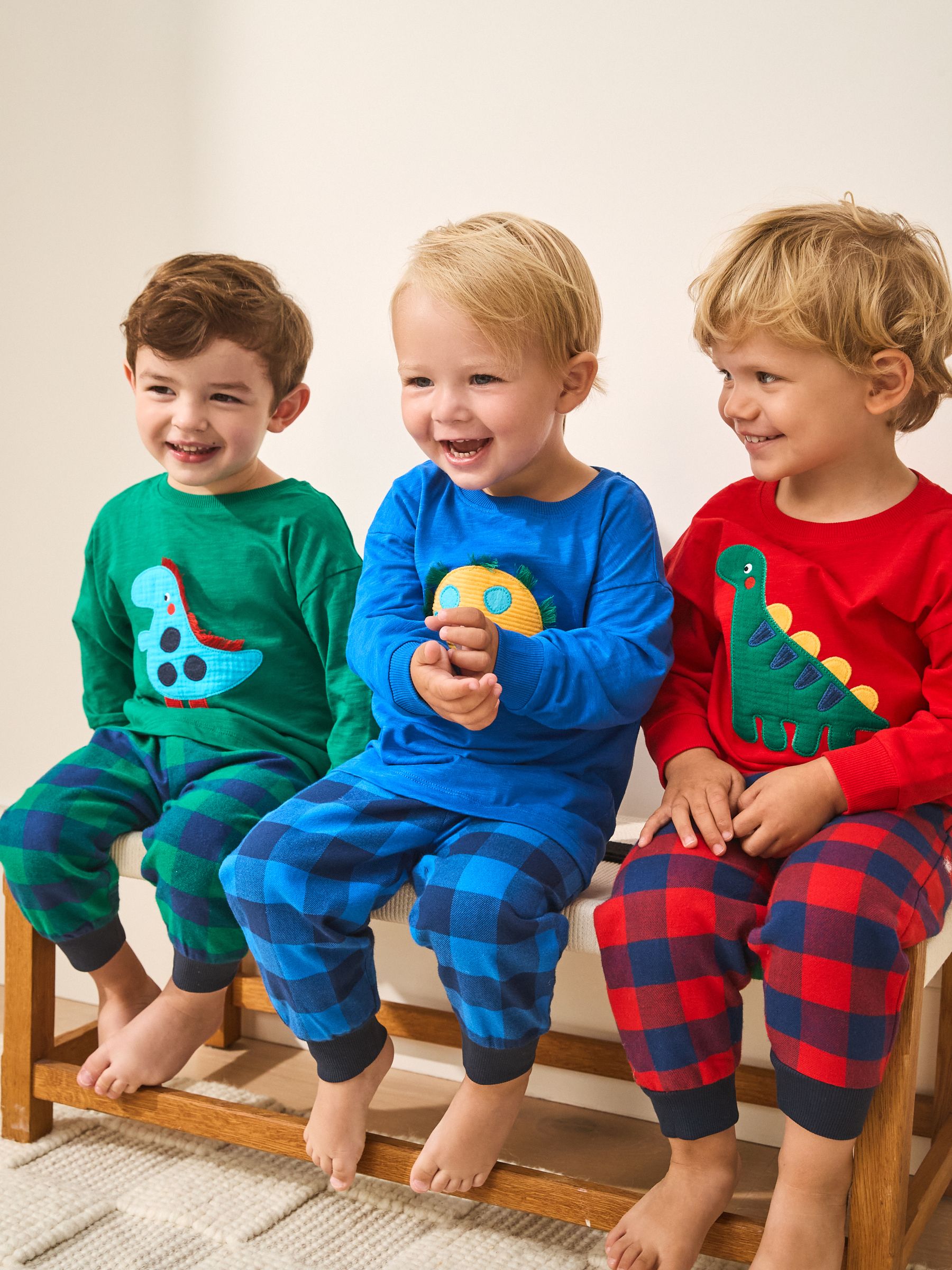 Rood/blauw/groen geruite dinosaurus - Pyjama met geweven onderkant 3 Pack (9mths-12yrs)