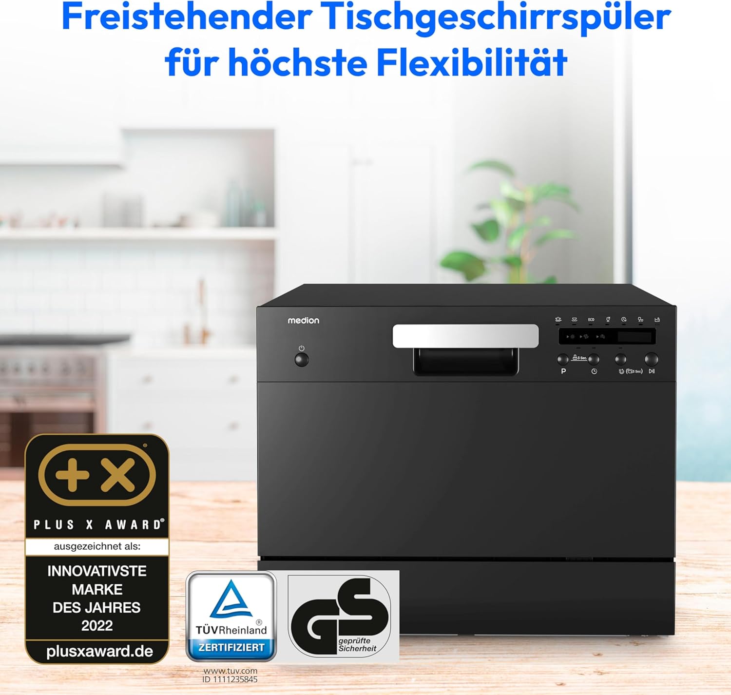 MEDION Tischgeschirrspüler DWT60 (6 Gedecke Fassungsvermögen, 7 Programme, ECO Programm, ca. 6,5 Liter Verbrauch, AquaStop, LED Display, Kindersicherung, MD37496) schwarz