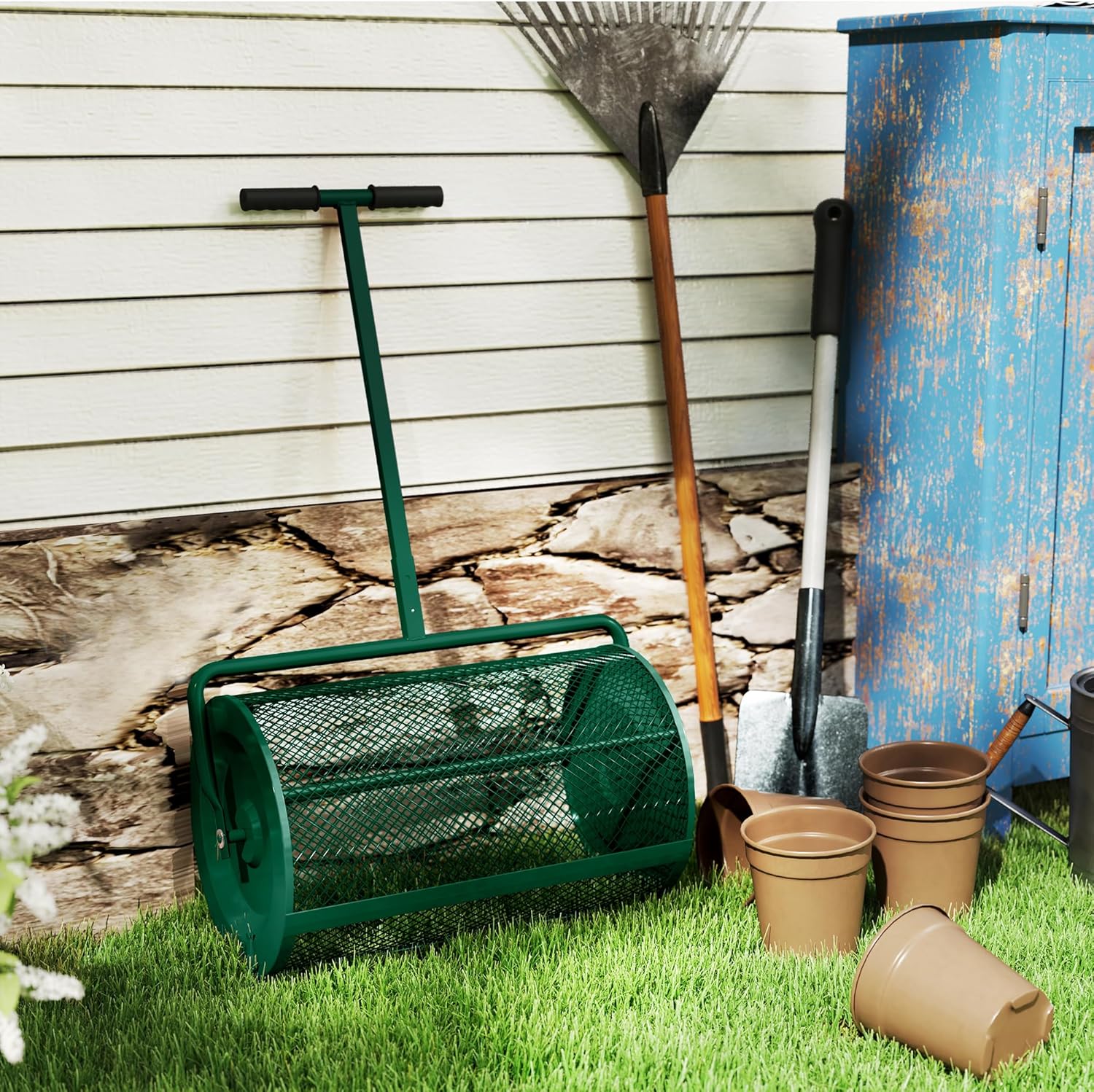 Outsunny Kompoststreuer, 24-Zoll-Torfmoosstreuer mit höhenverstellbarem T-förmigem Griff und Metallgitterkorb, Gartenstreuer zum Säen, Ausbringen von Dünger, Grün